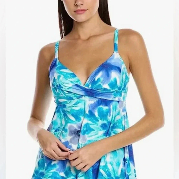 Coco Reef Sorrento Coastal Floral Diamond Wrap Tankini Top Capri Blue Sz 10/34D - Picture 2 of 6